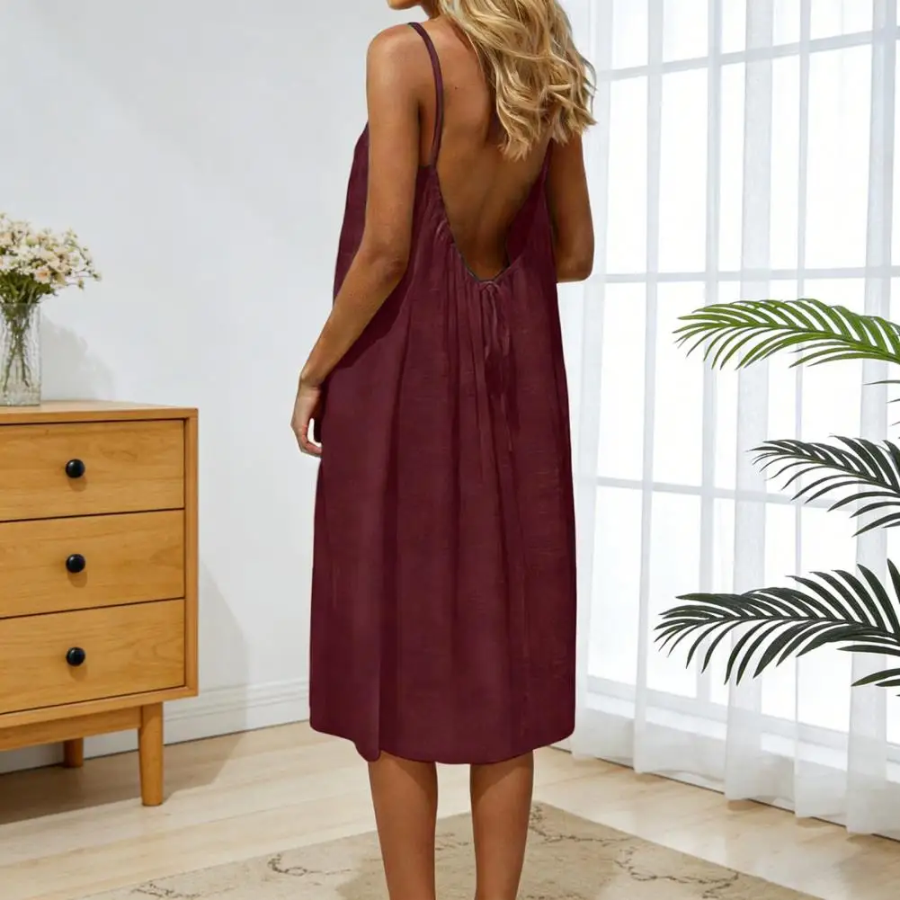 Women's Solid Color Backless Cami Dress Strappy Lounge Dress Open Back Maxi Length with Relaxed Fit Comfortable Home Wear​