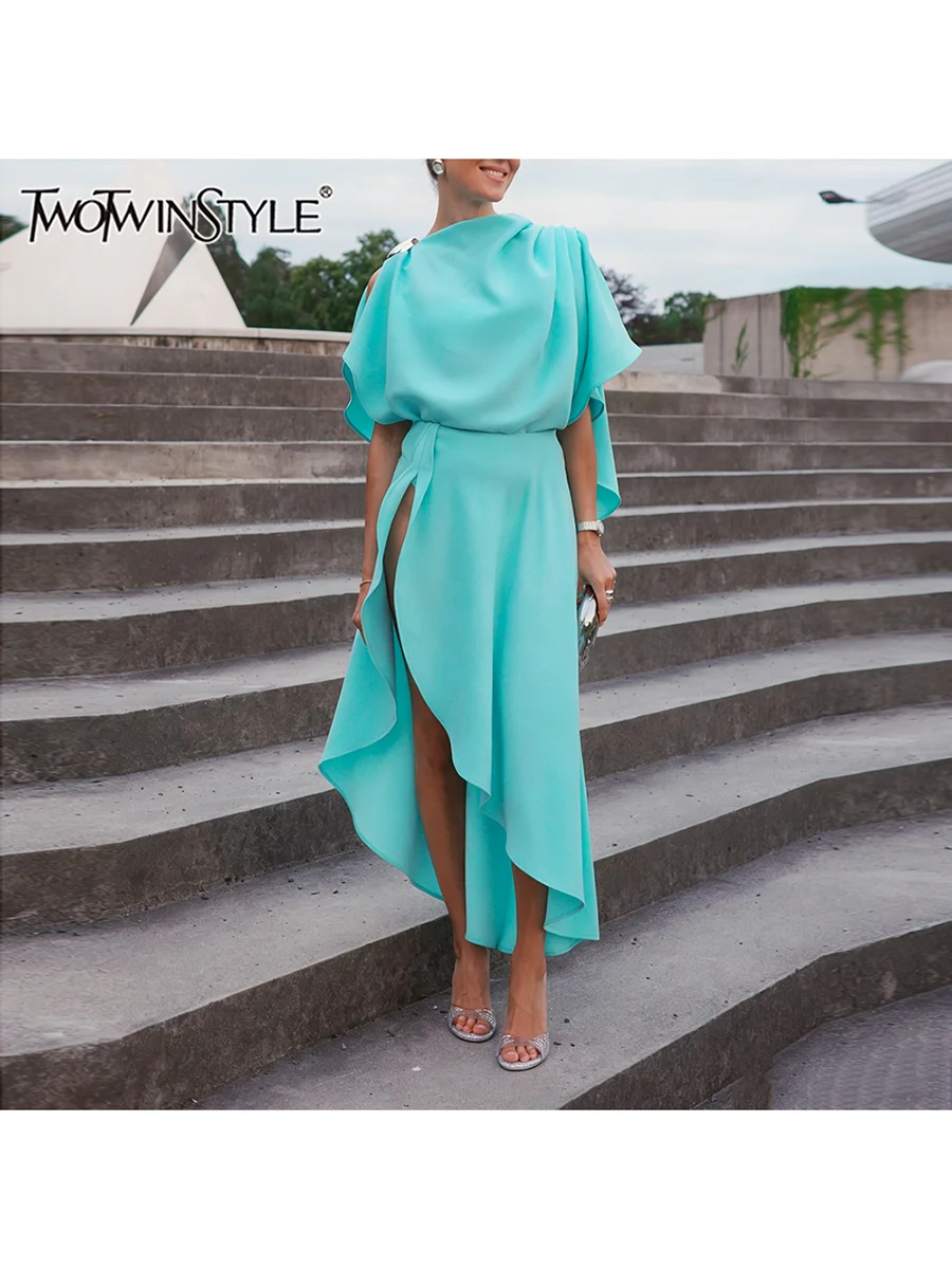 TWOTWINSTYLE Solid Spliced Cape Fitted Midi Dresses for Women round neck Sleeveless Patchwork Irregular Dress Female elegant new