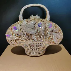 Red/AB/Gold New Basket Bag Large Stone Evening Bag Crystal Wedding Clutches Bridal Prom Handbags Diamond Lady Dinner Formal Bags