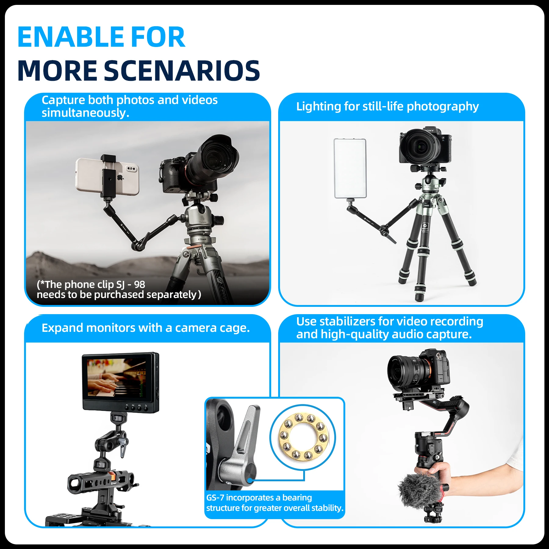 Fotopro Universal Magic Arm 1/4 Inch Screw Adjustable Articulating Magic Arm for Tripod LED Light Monitor