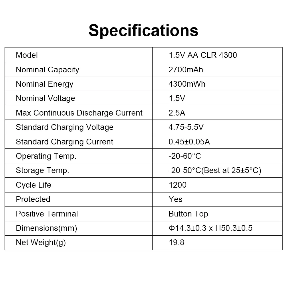 XTAR 1.5V AA 4300 CLR 2700mAh Bateria recarregável de íon-lítio Saída de tensão constante e descarga linear Desempenho suave