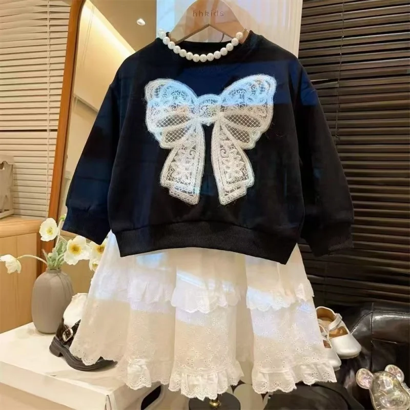 

Girls Bow Sweatshirt Spring Autumn Kids Fashion Long-sleeved Pullovers Princess Casual Thin Tops 2025 New Teenager Clothing