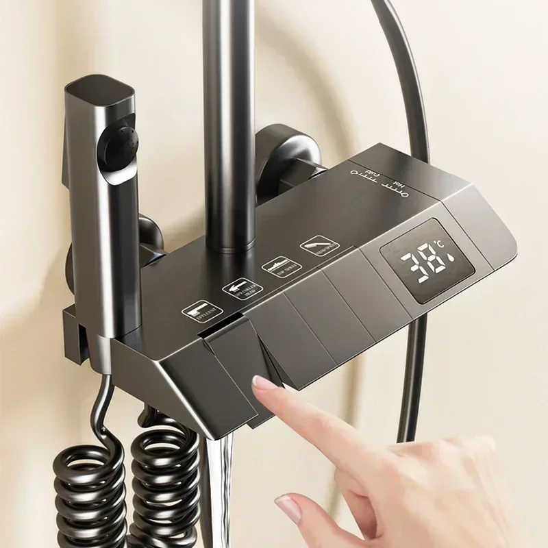 Sistem Shower Rumah Tangga Set Shower Kamar Mandi Rumah Tangga Tombol Piano Nozzle Bertekanan Set Shower dengan Layar Digital Warna Abu-abu