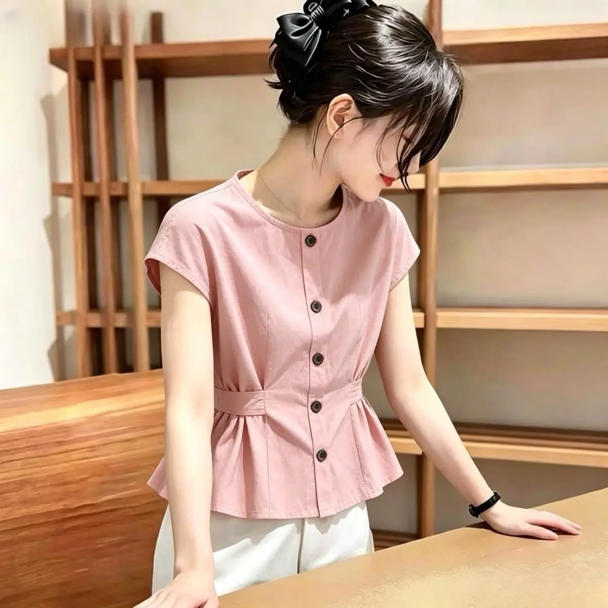 

Summer New Style round Neck Short Sleeve Pure Color Casual Shirt Women's Versatile Loose Fit Slimming Waist Design Shirt