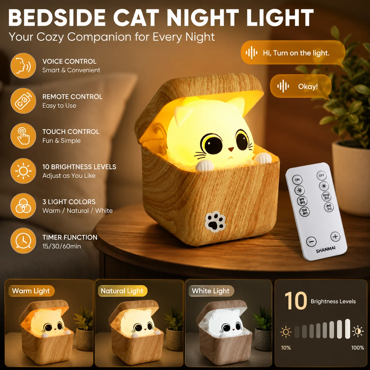 

Cute Cat Mood Light Decor, 3 Color Changing Modes, Adjustable Brightness, Desktop Ornament for Bedroom Home
