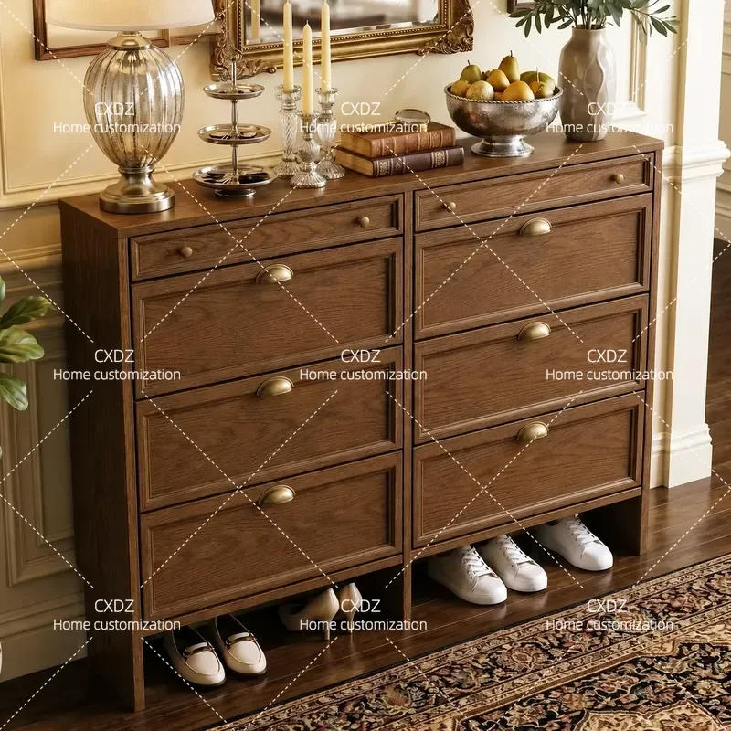 Pure Solid Wood Oak Shoe Cabinet 17cm Ultra Thin American Retro Style Wood Wax Oil Finish Custom Size 1.8m 1.4m Entrance