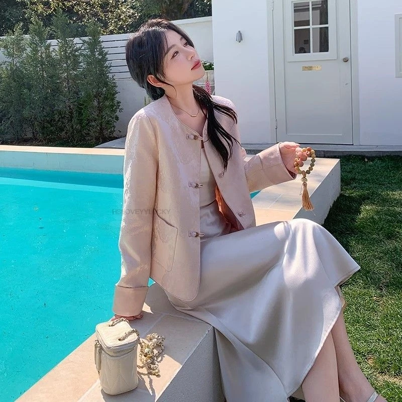 

Women's Round Neck New Chinese Style Jackettraditional Elements Improved Tangsuit Coat New spring/autumn Short Jacquard Top