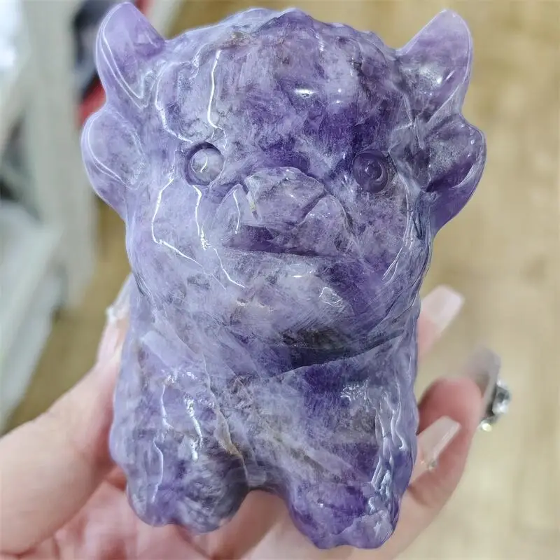 Natural Amethyst Highland Yak Carving Reiki Healing Fengshui Stone Home Office Decoration Holiday Gift 1PCS