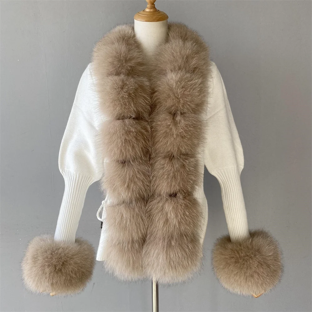 Jxwatcher Women's Sweater with Luxury Real Fox Fur Trim Fall Winter Fashion Knitted Coat Natural Fur Cuffs Cardigan New Arrival view 2