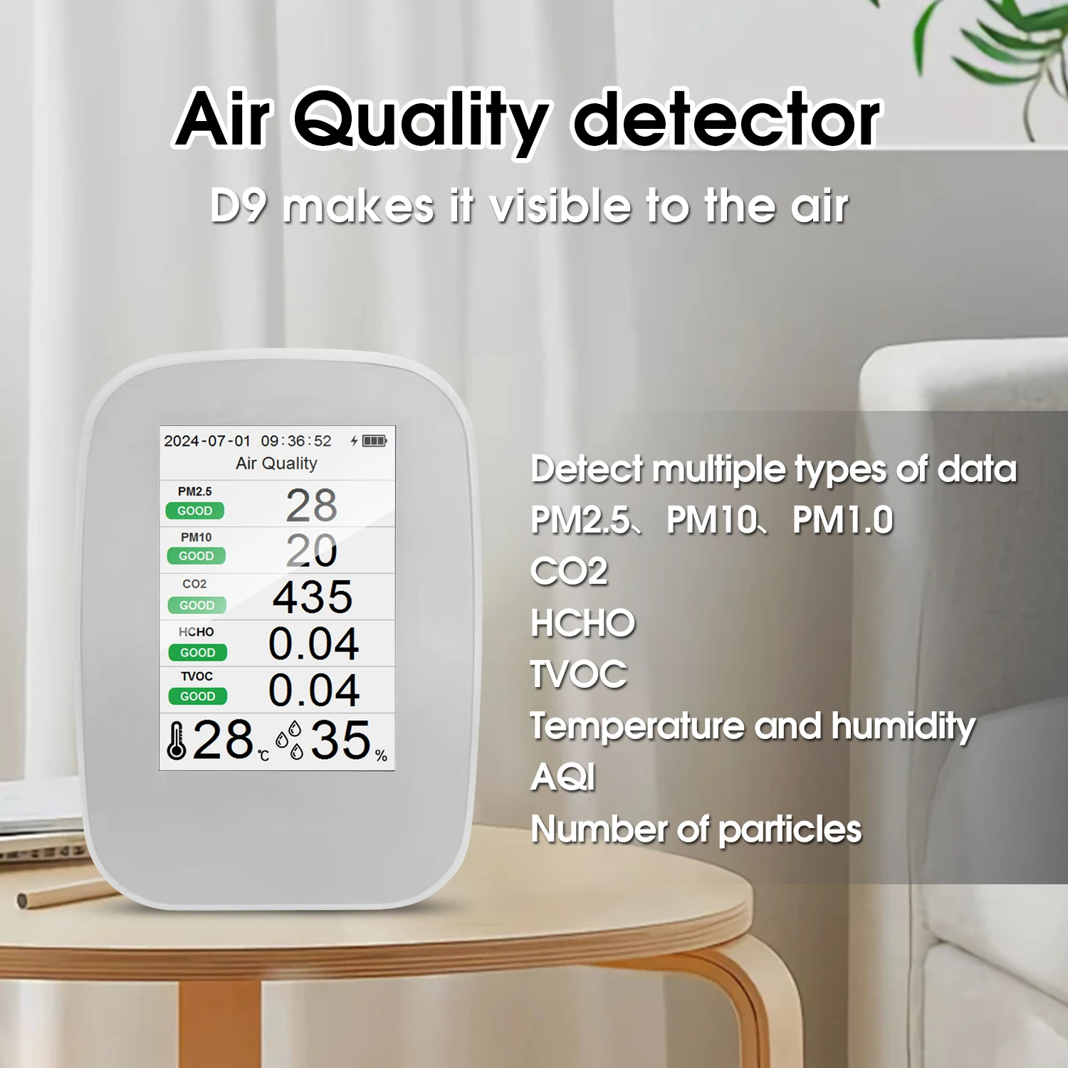 D9-H Air Quality Detector CO2 PM2.5 Formaldehyde TVOC Temperature Humidity Home Air Quality Monitoring, Demonstration Aid