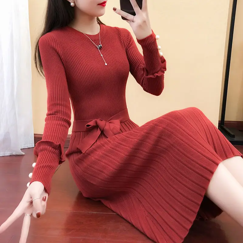 2023 New Dress Women\'s Woolen Dress Autumn Bottom Woolen Dress Mid Length Thin Waist Knitted Dress Women Dress