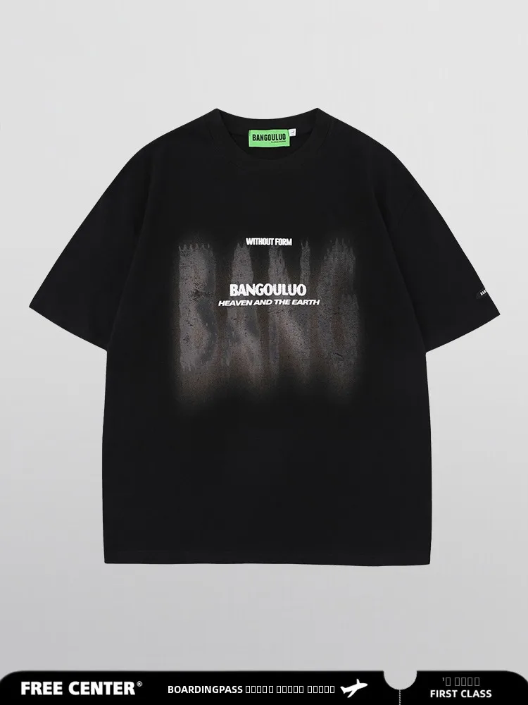 

Free Center American Sle ort Sve T-irt ex Casual Loose Heavyweight Summer Top Streetwear round Ne Cotton Polye...