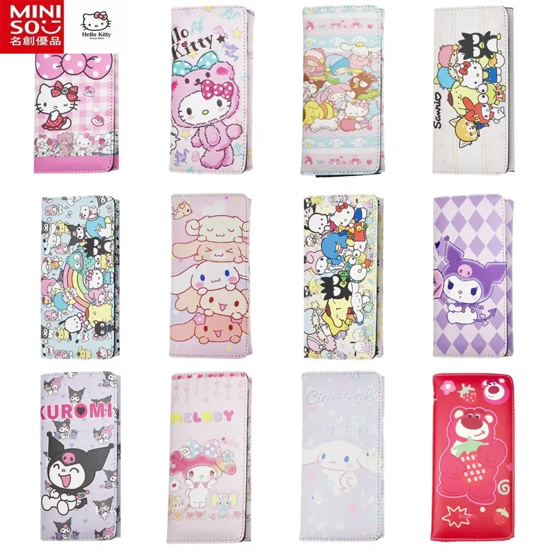 MINISO Hello Kitty Cartoon Animation Kuromi Melody Cute Strawberry Bear Long Snap Coin Purse PU Leather Wallet