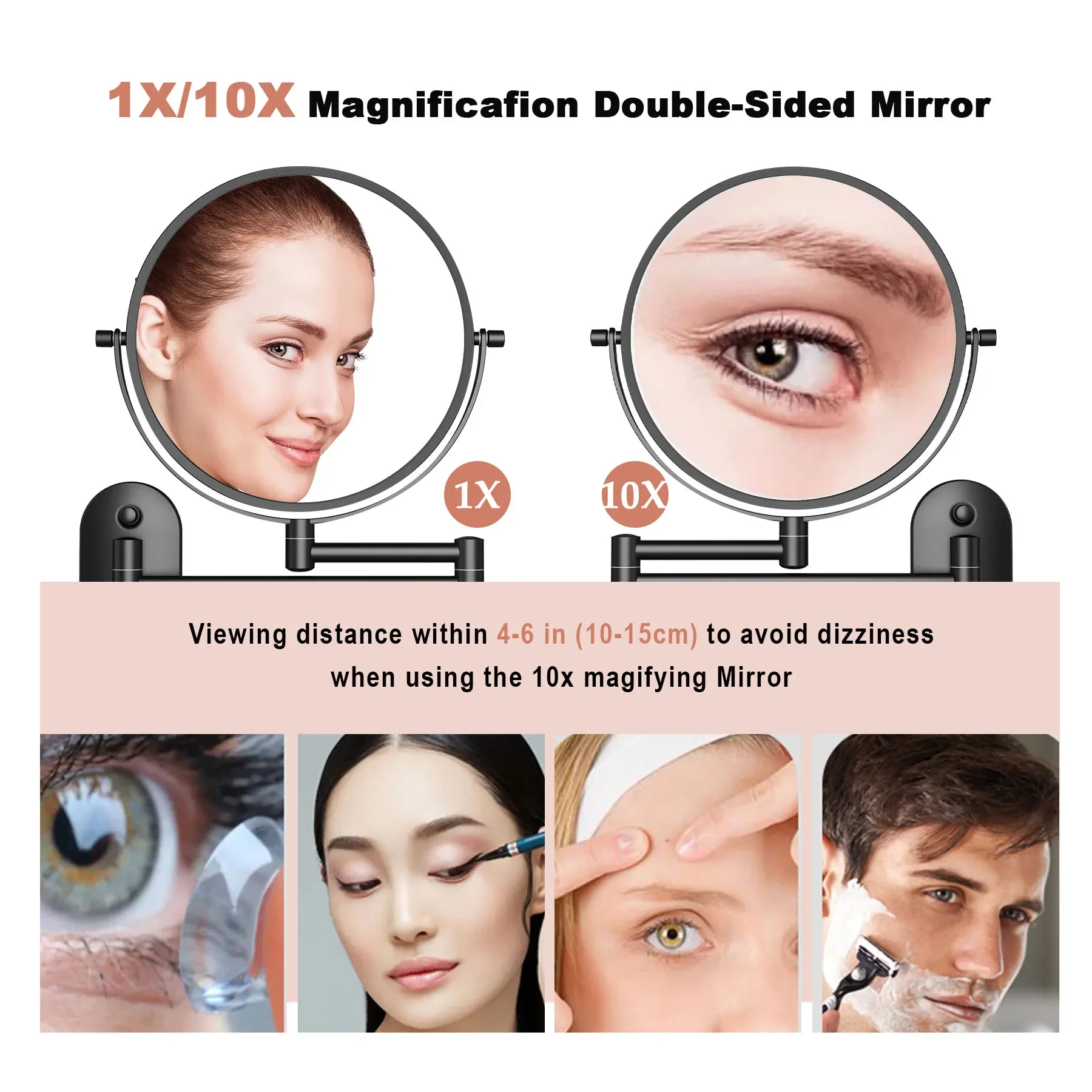 TUSHENGTU Espelho de maquiagem preto giratório 360 de 8 polegadas montado na parede 10x ampliação dupla face vaidade espelho de banheiro barbear