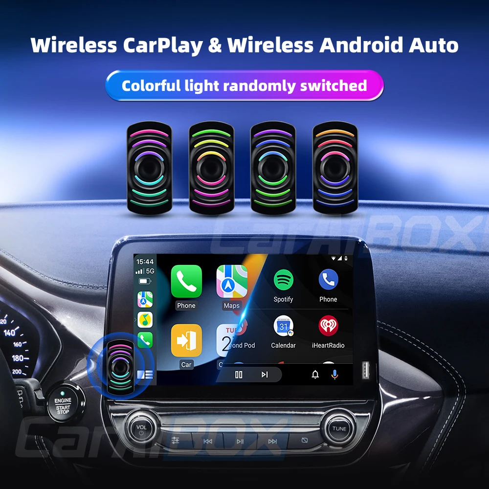 CarAIBOX RGB Light USB Plug and Play 2 em 1 CarPlay sem fio ou Android Auto Box para rádio de carro com CarPlay com fio ou Android auto