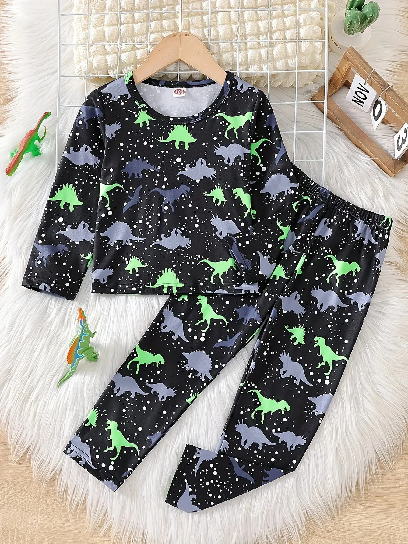 Boys\' Cozy Glow-in-the-Dark Dinosaur Pajama Set - Stretchy,Machine- Washable, &Versatile for Spring/Fall