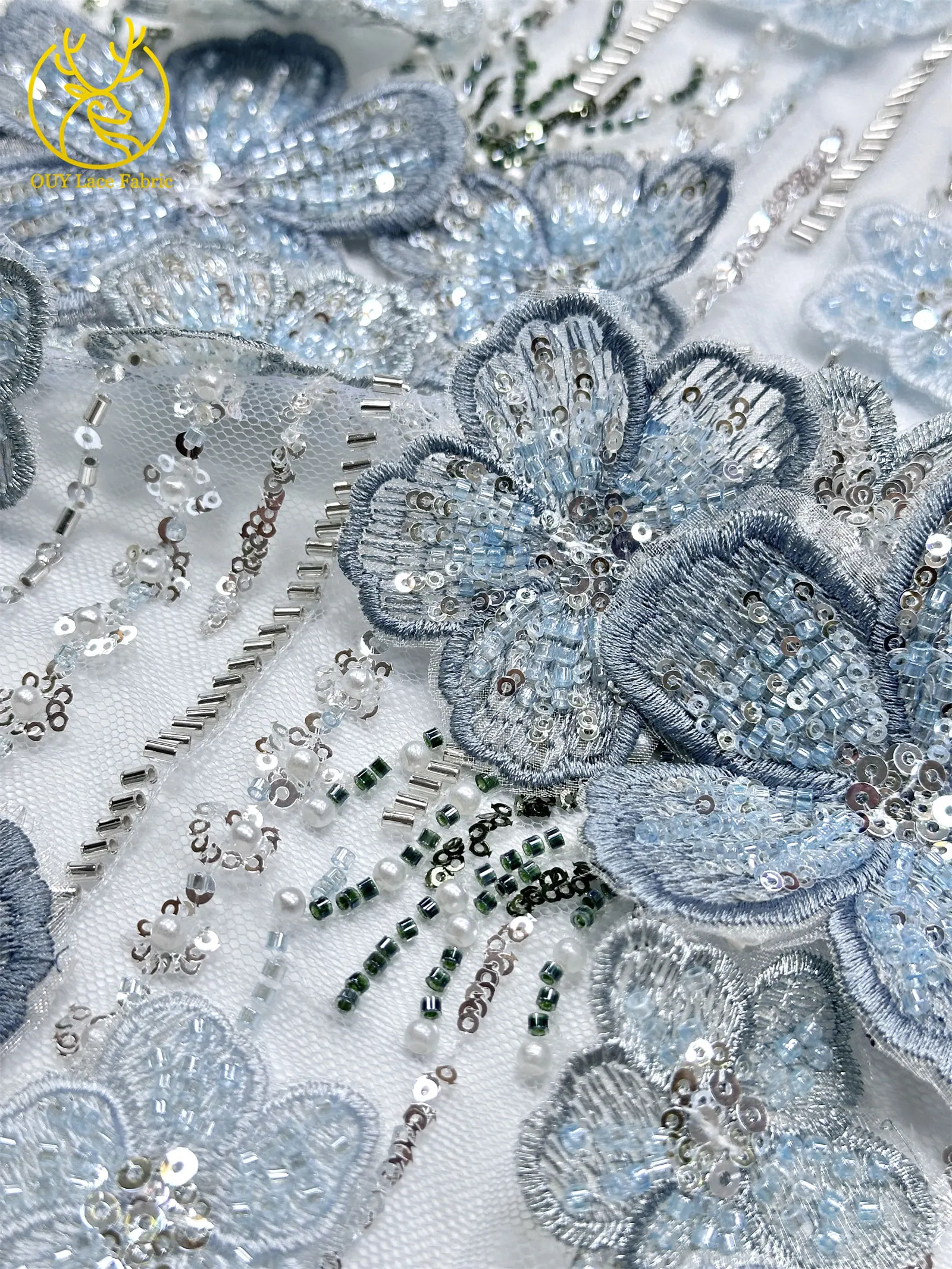Maßgefertigter Luxus 3D Handbestickter Blumen-Spitzenstoff Hochwertige Afrikanische Perlen-Pailletten-Spitze für Hochzeitskleider und Näharbeiten – Detail 10