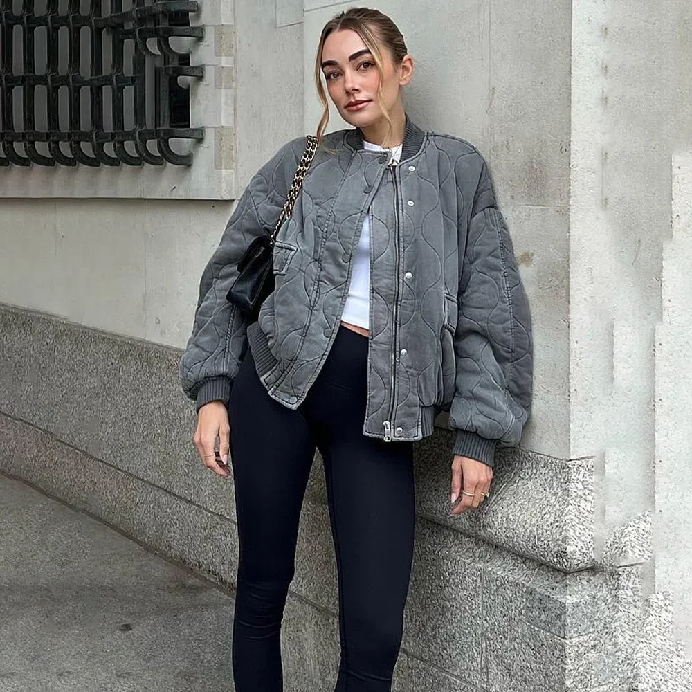 

2024 Women's Jacket Gray Aviator Jacket Fashion Long Sleeve Casual Jacket Loose Peplum Warm Jacket Autumn And Winter Womenswear