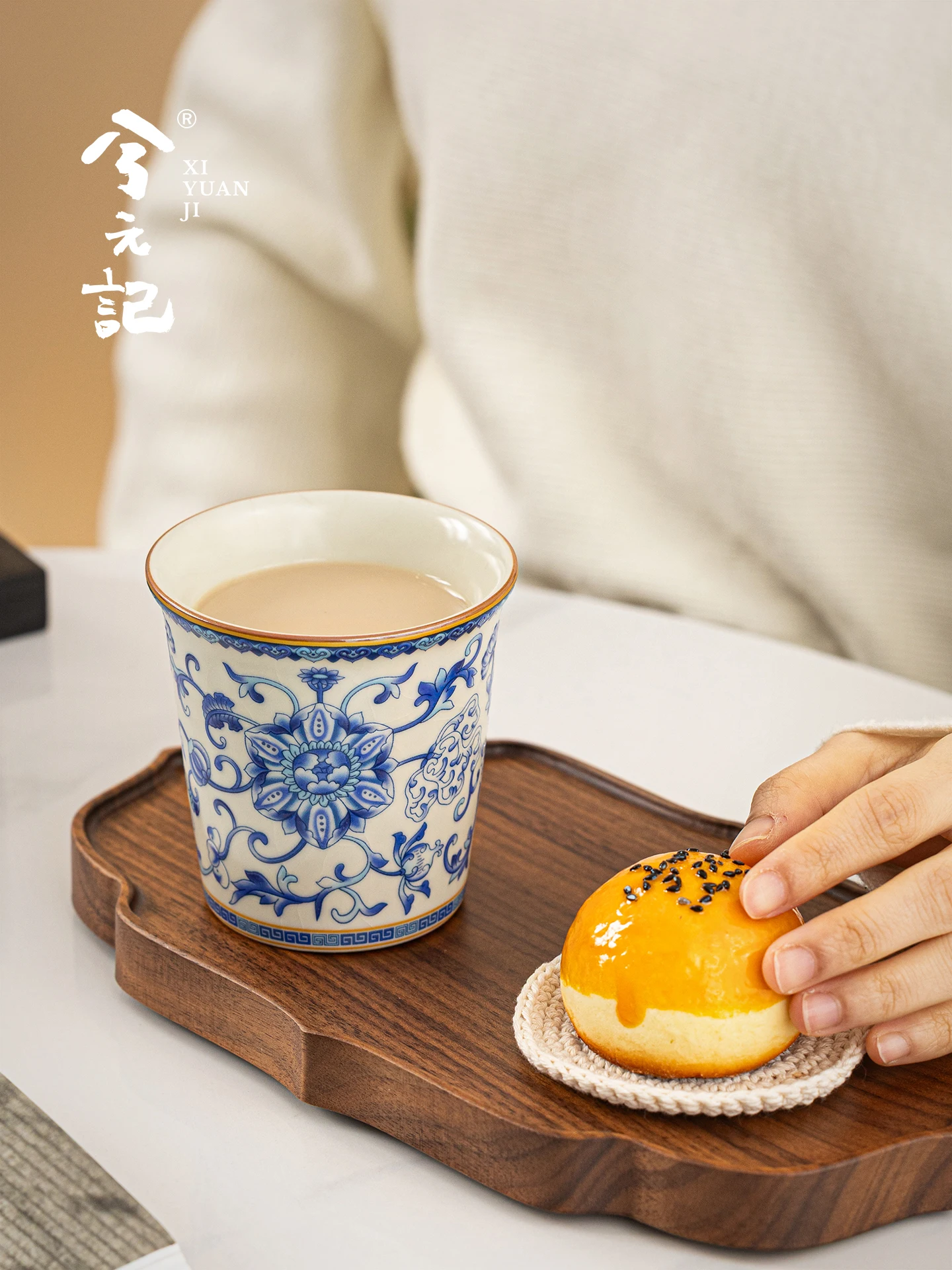 Blue and White Interlock Branch Ru Ware Coffee Cup Ceramic Good-looking Single Personal Special Afternoon Tea Hand Held Latte
