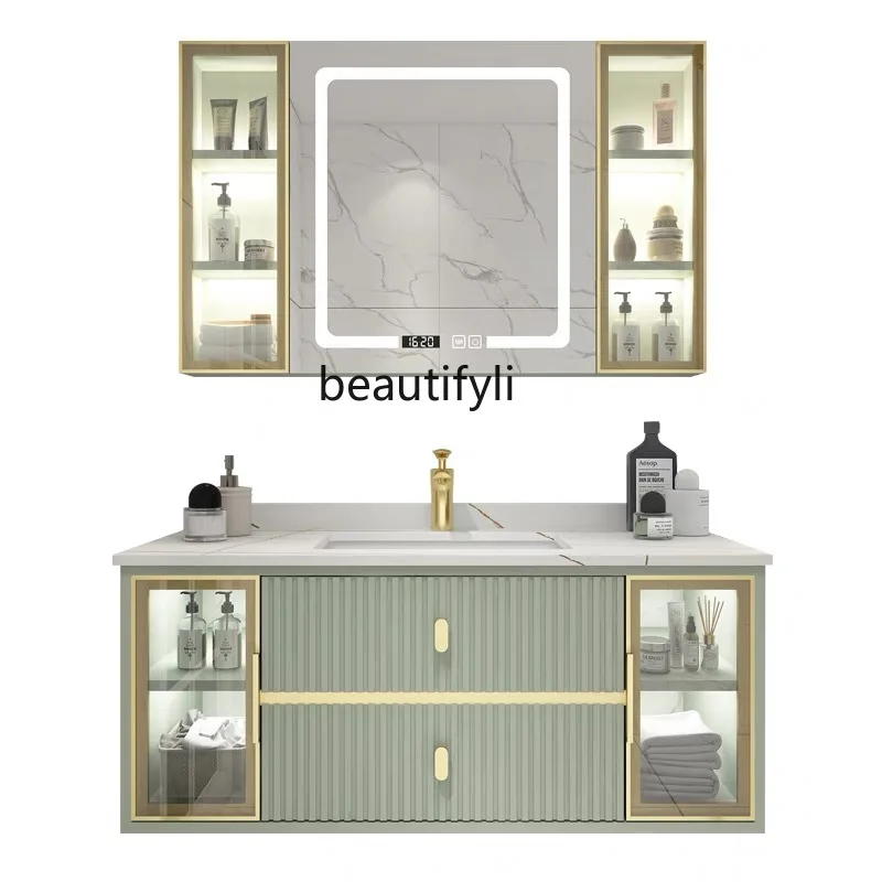 

Modern Stone Plate Bathroom Cabinet Combination Solid Wood Washbasin Bathroom Table Light Luxury