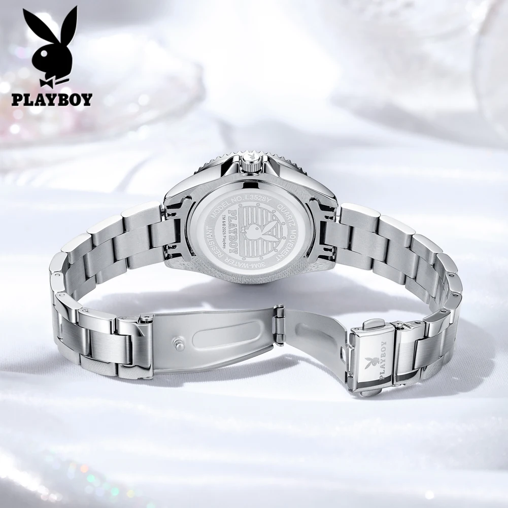 PLAYBOY 3528 Brand Original Authentic Watch for Woman Gift Box Calendar Stainless Steel Strap Quartz Women's Watch