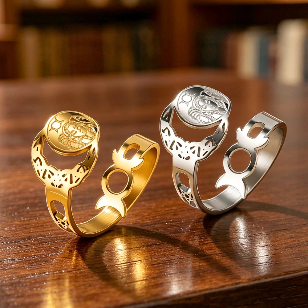 Triple Moon Goddess Hecate Ring Stainless Steel Adjustable Rings for Men Women Greek Mythology Talisman Wiccan Jewelry