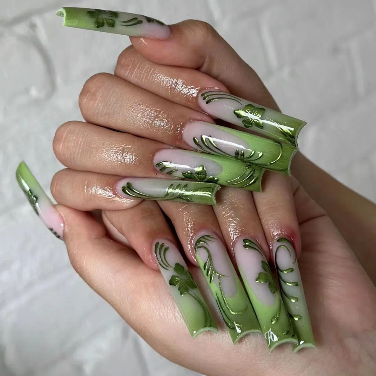 24pcs Long Ballet Press on Nails Gradient Green Spring Flower Pattern False Nails Patches Japanese Style Wearable Fake Nails
