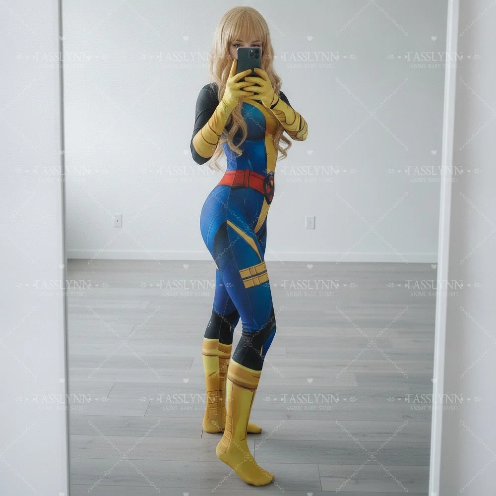 Marvel Rivals Magik Cosplay Zentai Bodysuit, Blue Yellow Armor Print Jumpsuit, Women Superhero Costume for Halloween Comic Con view 4