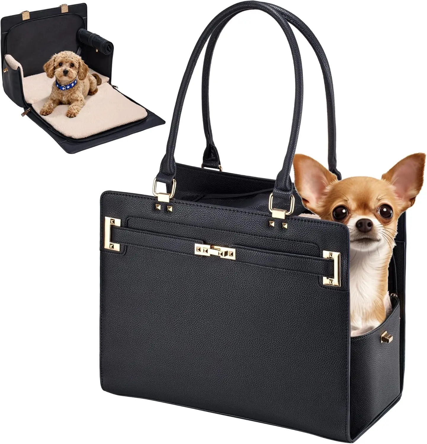 

Stylish Foldable Dog Carrier Purse with Washable Cushion, Safety Leash, and Pockets for Small Dogs - Airline Approved