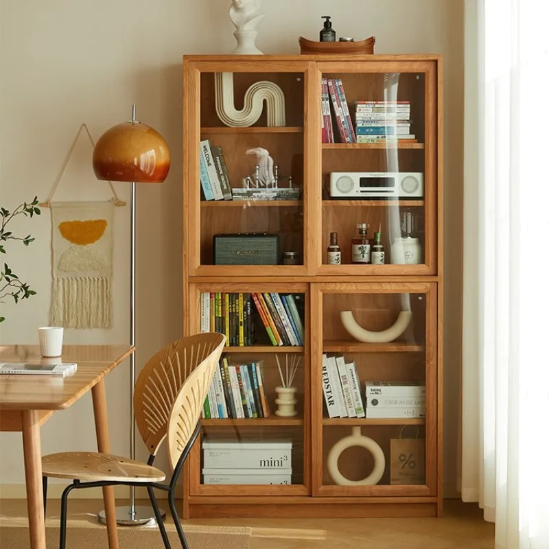 Free combination lattice cabinet, household solid wood cherry wood Japanese rattan storage all solid wood bookcase