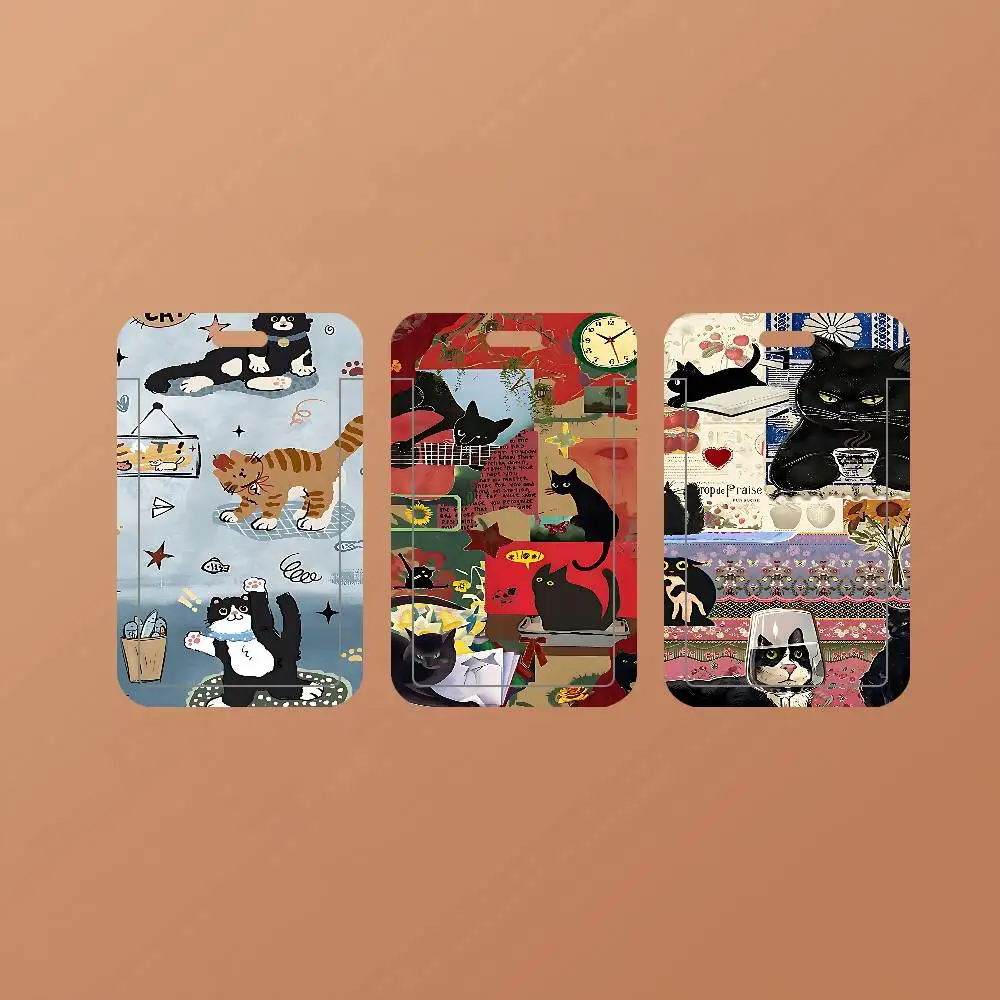 Funny Cartoon Black Cats ID Card Holder Cute Badge Holder PVC Card Cover With Clear Window For Student Office Bus Card