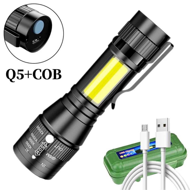 Mini lampe de poche LED portable, lumière étanche, zoom de poche, aluminium, torche rechargeable USB, puissante pour le camping, la chasse