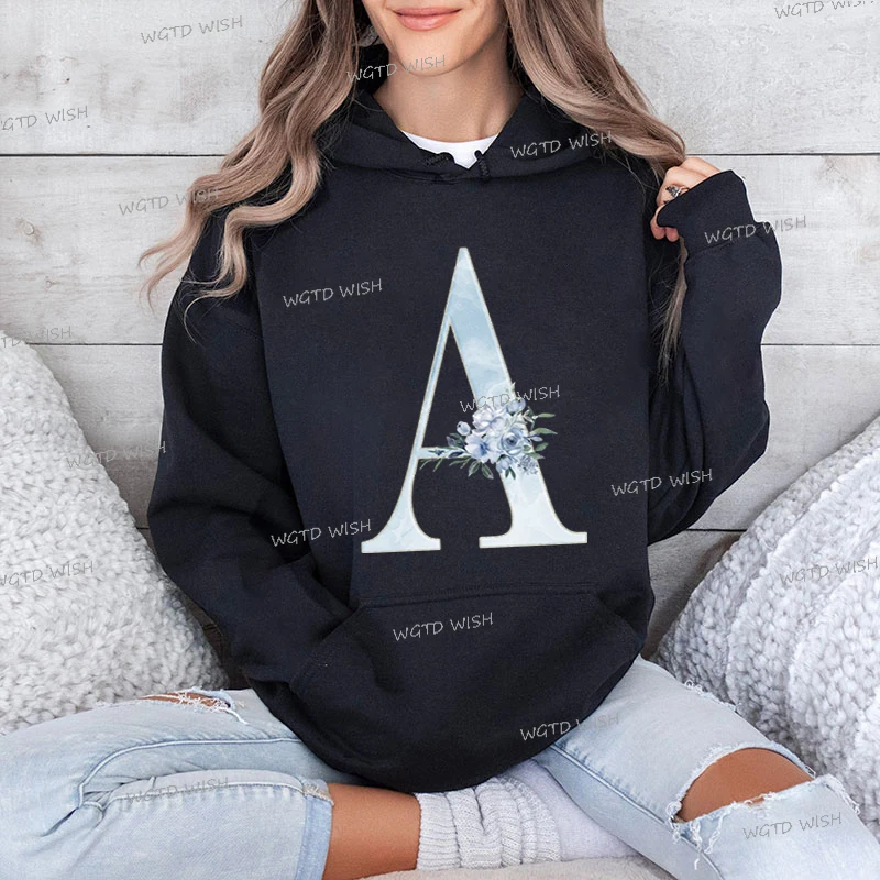 Women Hoodies Blue Rose 26 Alphabet A-Z Graphic Sportswear Aesthetic Long Sleeve First Letter of Surname Female Sweatshirts