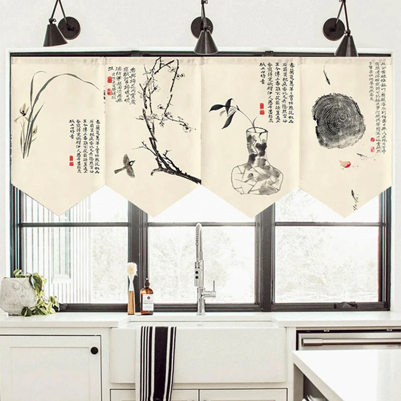 Chinese Style Ink Landscape Scenery Hanging Half Curtain  Kitchen Noren Doorway Partition Triangle Flag Restaurant Coffee Drapes