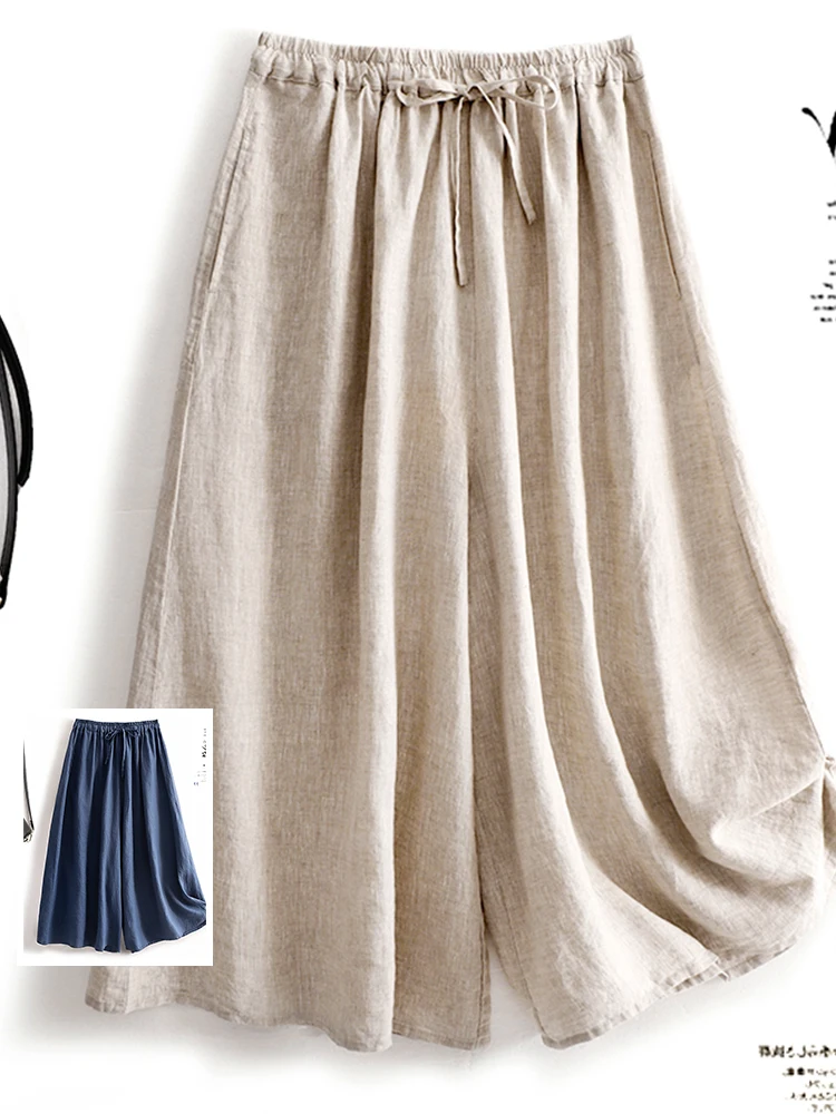 ارتفاع الخصر بنطال ذو قصة أرجل واسعة فضفاضة تناسب القطن الكتان مستقيم قطع عادية تسع نقاط لون نقي مربوط المرأة حجم كبير بنطلون