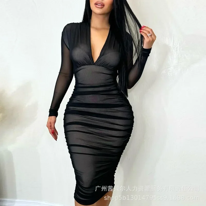 Women Sexy Dress Solid V Neck Full Sleeve Mid Length Dresses Slim Fit Hip Wrap Pleated Tight Waist Elegant Vestidos 2024