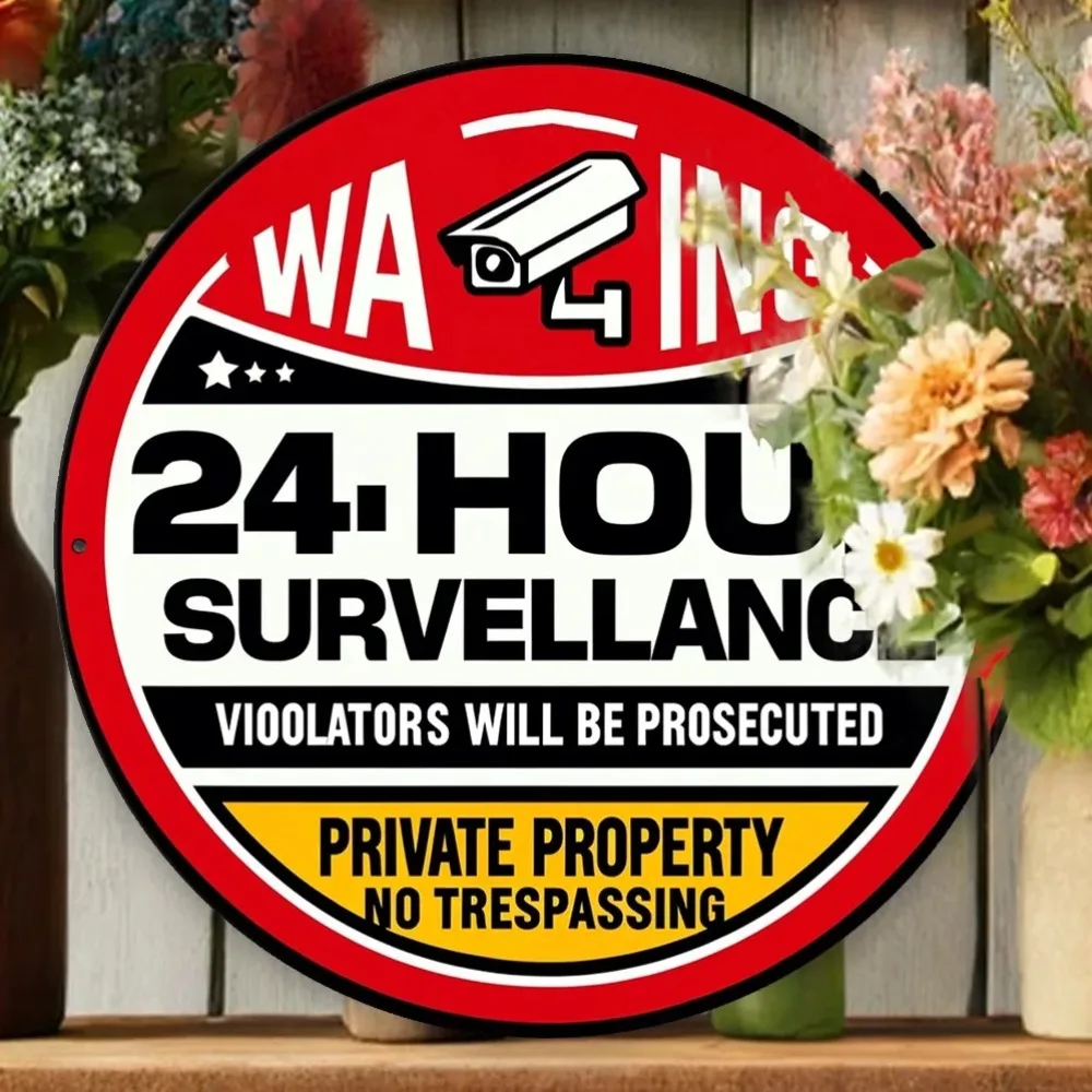 Señal de Vigilancia de 24 Horas, Circular de Aluminio - Prohibido el Paso, Propiedad Privada, Metal para Exteriores