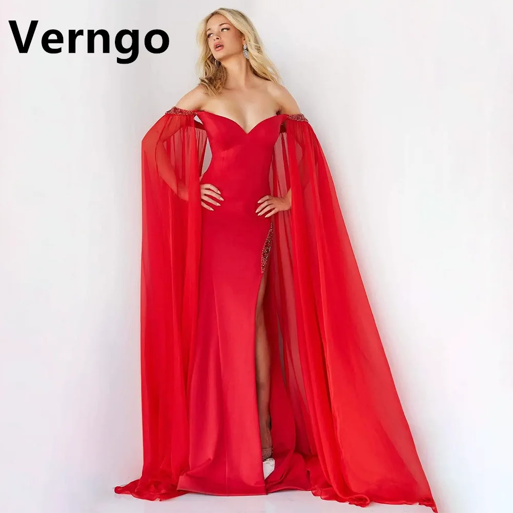 

Verngo Red Chiffon Party Dress For Women Sweetheart Sequined Evening Dress With Cape Sexy Side Slit Mermaid Prom Gowns