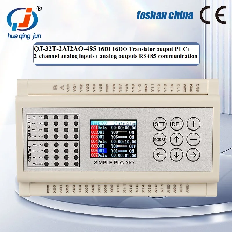 FOSHAN 16DI 16DO Transistor Output PLC 2AI 2AO 0-10V RS485 Modbus PLC for Automatic Washing System QJ-32T-2AI2AO-485