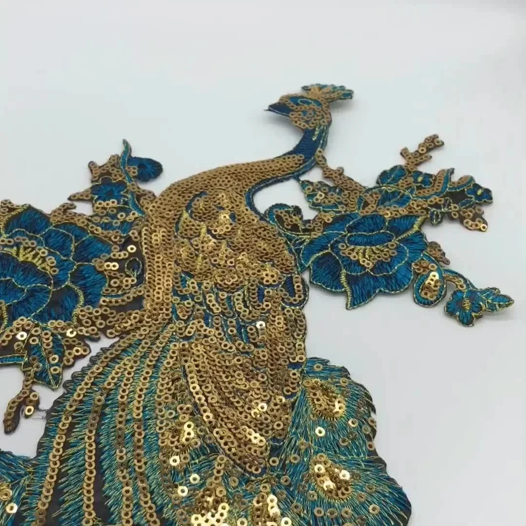 47*26CM/ Gold Sequin Applique Patches thermocollant,Phoenix,Peacock Iron On Patch Fabric,Lace Embroidery For Dress,Cheongsam