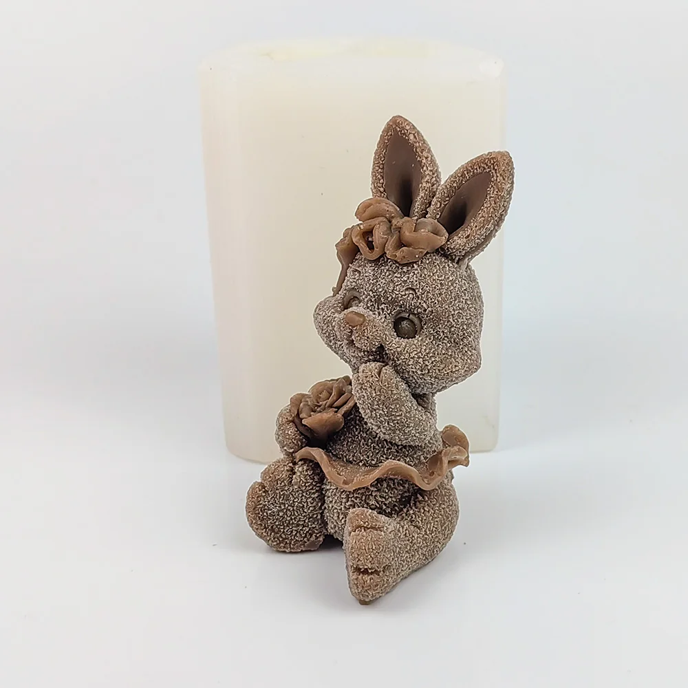 Silicone Bunny 3D Candle Mold, Holding a Rose Rabbit in Hand, Soap, Wedding, Birthday, Valentine's Day, DW0492 PRZY Molds