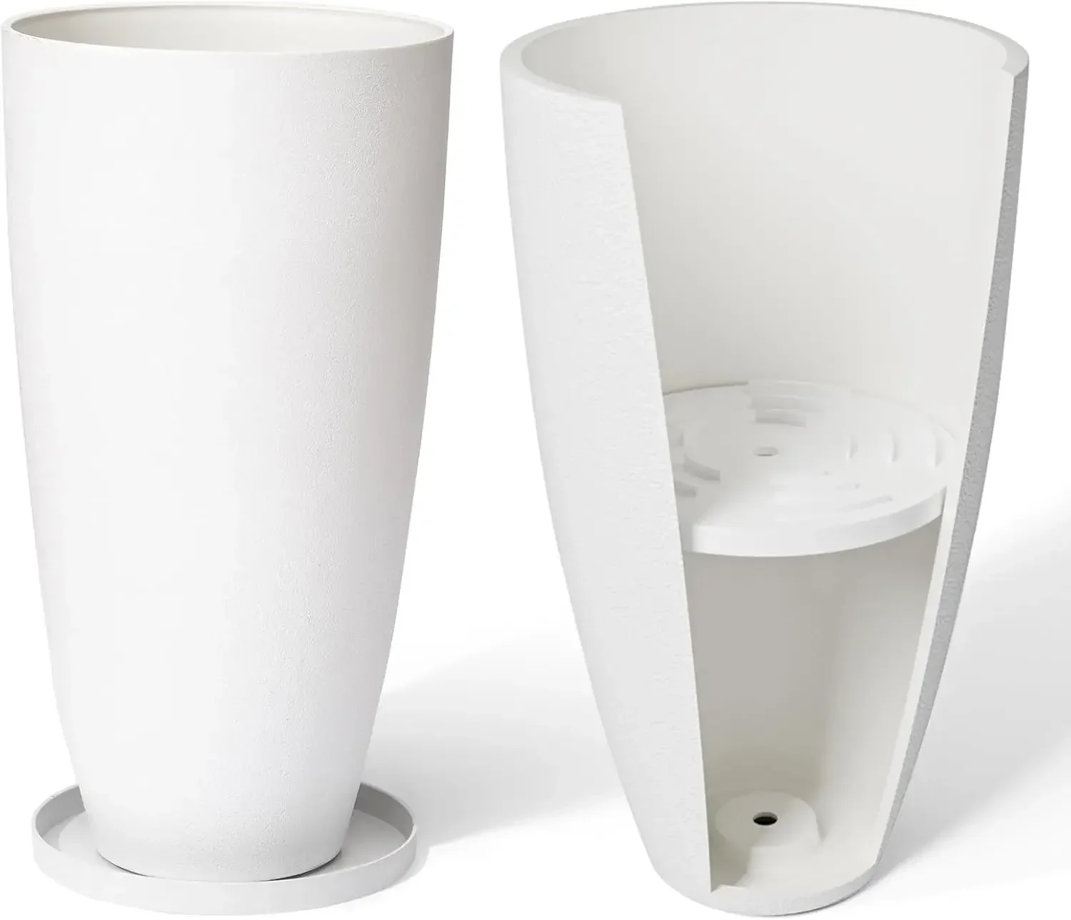 

LA JOLIE MUSE 27 Inch Tall White Planters,Set of 2 Tall Round Planters for Indoor Plants with Trays,Modern Tree Planters for Fro