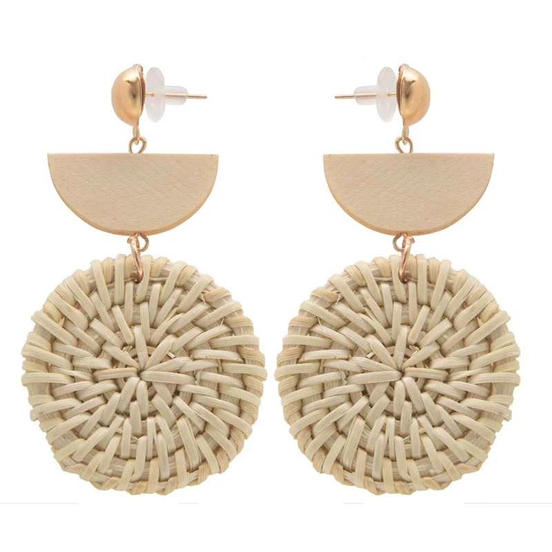 Korean Earrings For Women Wooden Straw Weave Rattan Earrings Round Vine Braid Geometric Big Eaings Fashion Jewelry