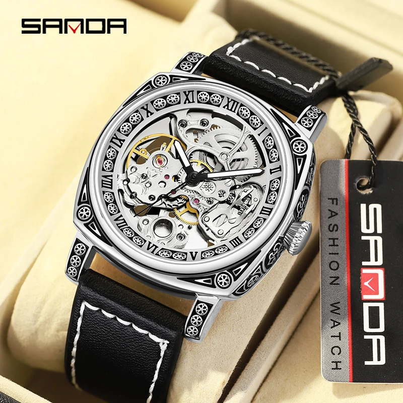 

SANDA Fashion Skeleton Automatic Mechanical Watch 2023 New Genuine Leather Watch For Men Clock 30M Waterproof Steampunk Reloj