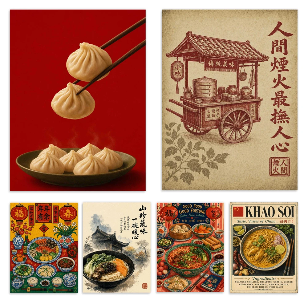 Chinese-style dining table, culinary art, curry noodles, noodle soup, soup dumplings, dumplings, Asian kitchen decor posters