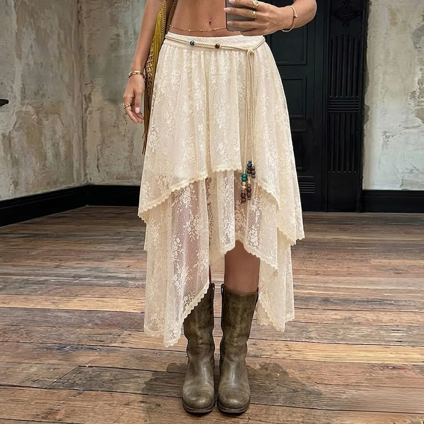 

Suninbox Summer fashion bohemia style Lace patchwork skirt Irregular Hem Midi Skirt Festival Women