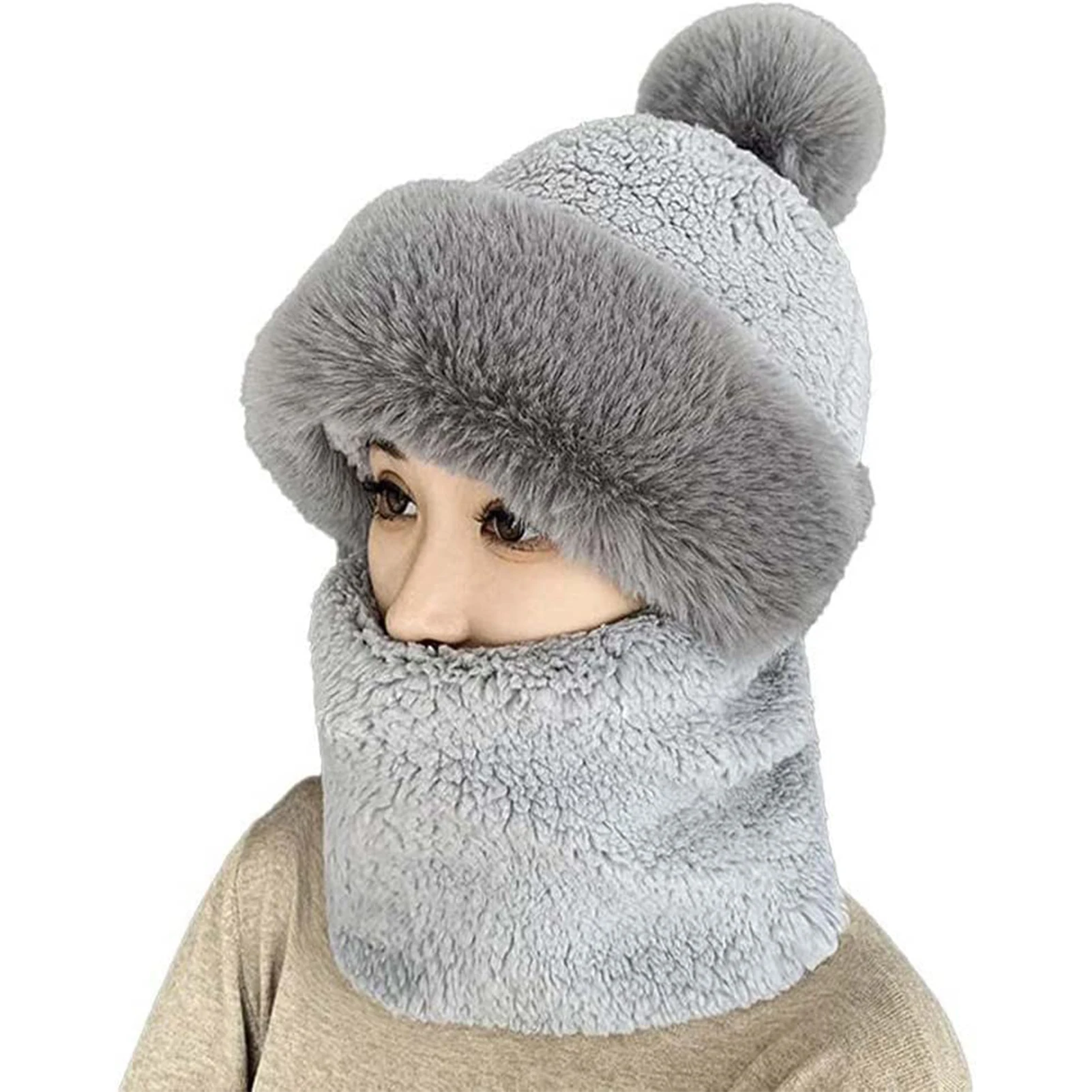 

Female Cute Plush Hat Mask Scarf Breathable Solid Color Super Soft Hat for Outdoor Indoor Wearings