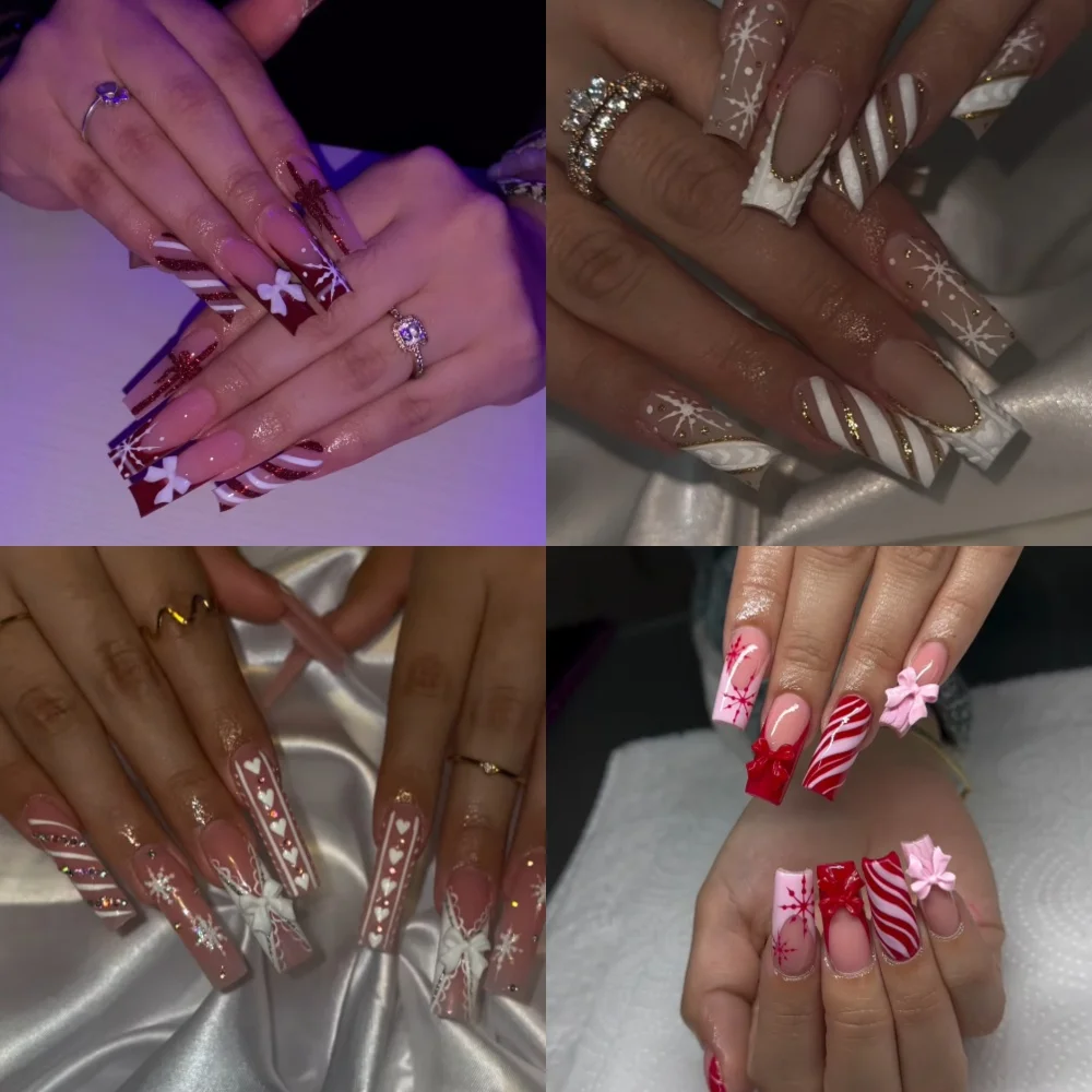 

10 Pcs Christmas Press On Nails Handmade Square Fake Nails Painting French 3D Snowflake Design False Nails Reusable Nails Set