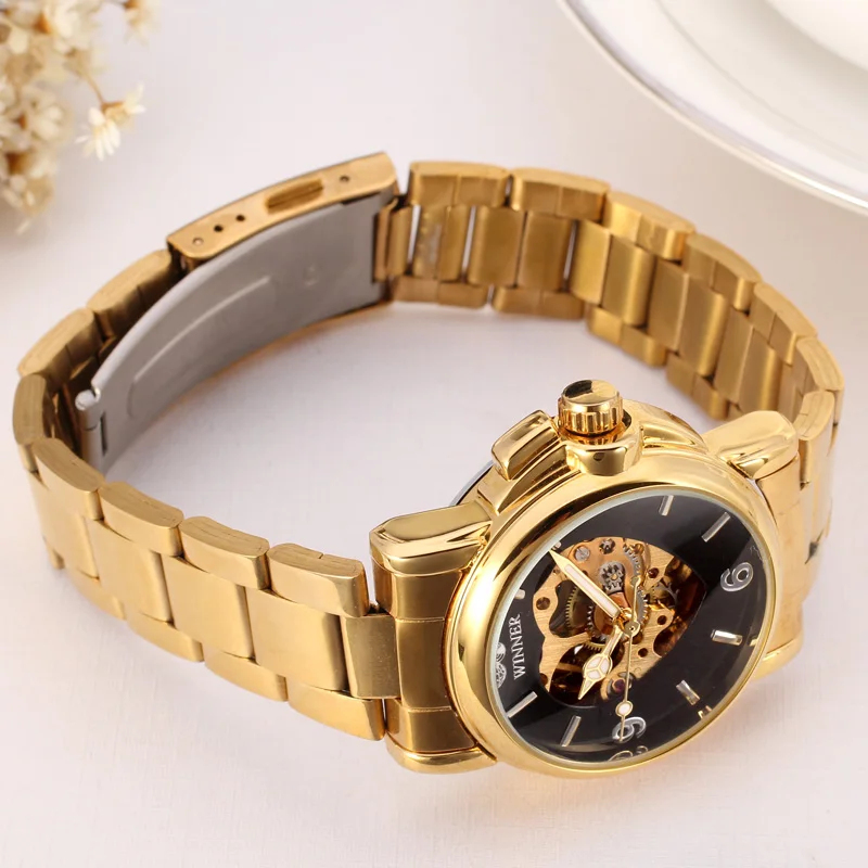 T-winner Watch Round heart pattern Watch Hollow pin Digital mechanical watch Gold strap Wrist watch Women's Watch