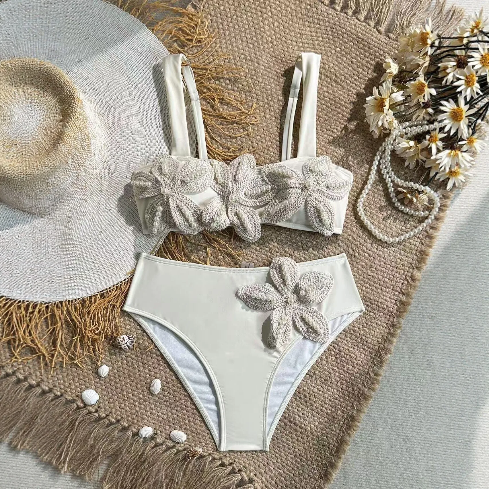 New Summer Women's Sexy and Fashionable Solid Color Pearl Three-dimensional Flower High Waist Split Swimsuit